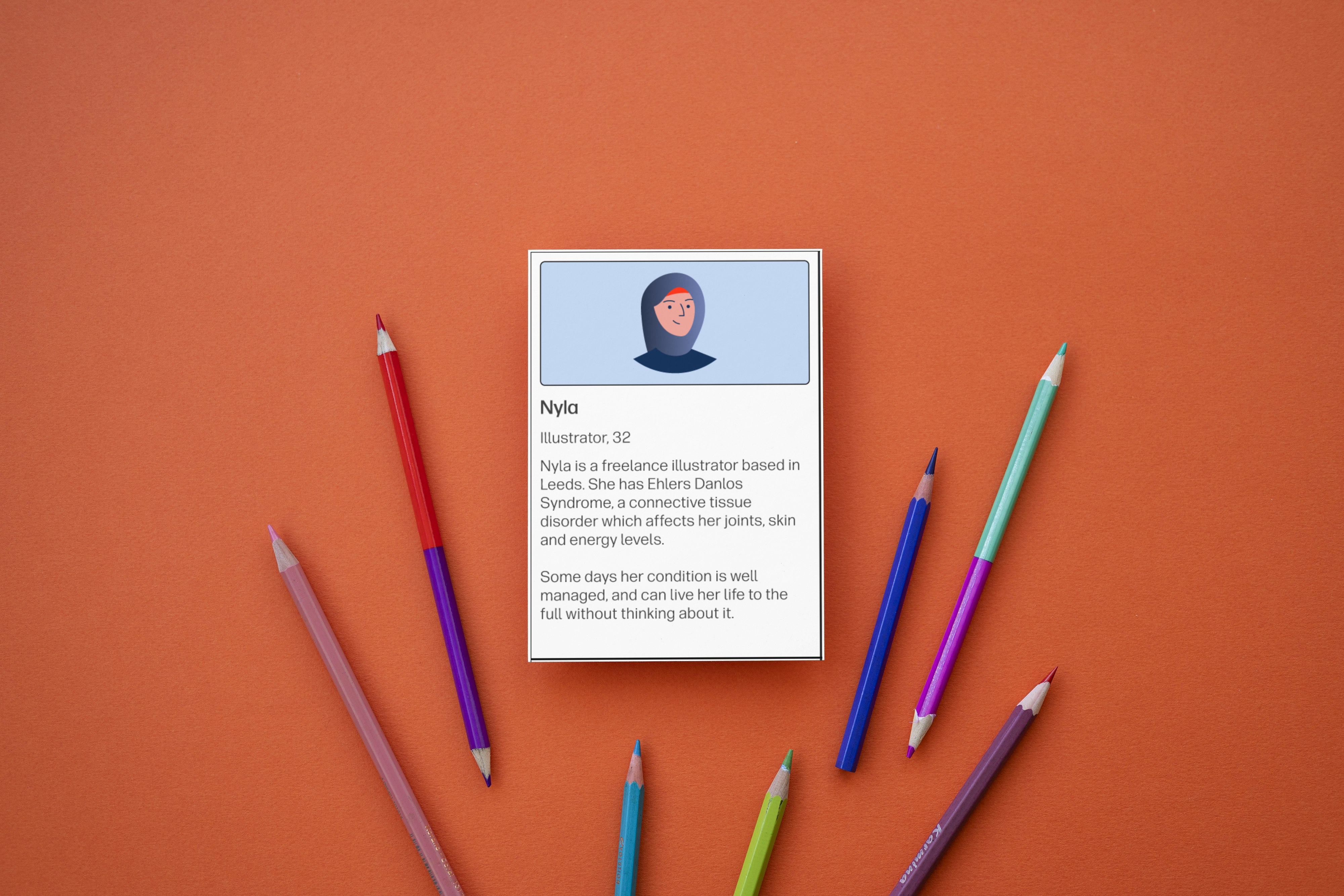 Top trump style card of a user persona on an orange background surrounded by pencils