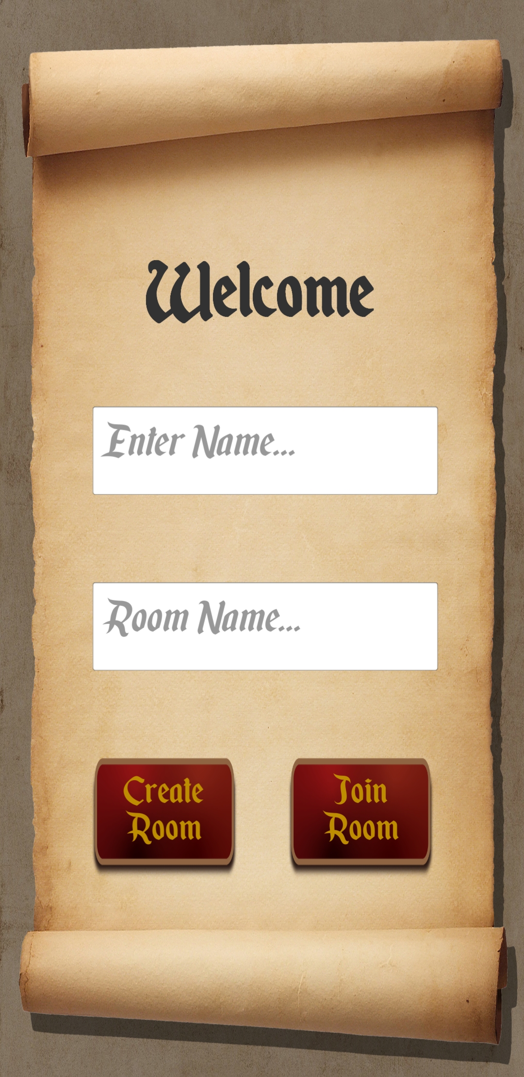 Mobile UI, parchment paper scroll background with text 'Welcome' and input fields for signing in