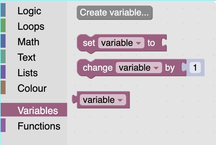 Image of default blockly Variables category, showing  grey button Create Variable, and basic jigsaw-like blocks with options 'set variable to', with gap for input, 'change variable by', with gap for input, and a third option named variable.